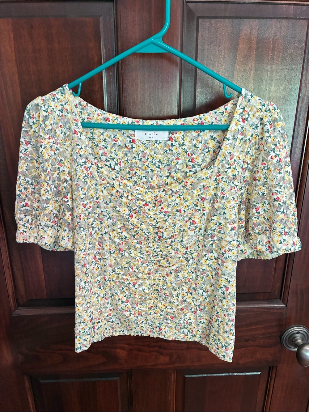 Elodie Yellow Lace Floral Square Neck Puff Sleeve Blouse